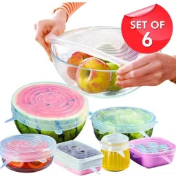 Microwave Safe Silicone Stretch Lids Flexible Covers for Rectangle, Round, Square Bowls, Dishes, Plates, Cans, Jars, Glassware and Mugs (Free Size) - Set of 6 10 inch Lid Set-18