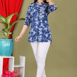 Casual Roll Up Sleeves Printed Women Blue Top-image-6