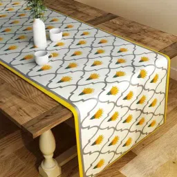 sej by nisha gupta Floral (48x12) White & Mustard Poly Cotton Table Runner-picture-16