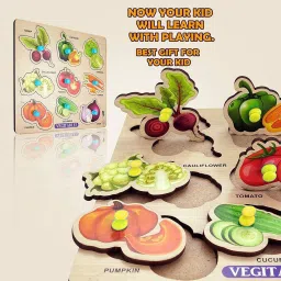 popplop Wooden Fruits & Vegetables Name Matching Peg Puzzle Board Learning Toys PackOf2 image 3
