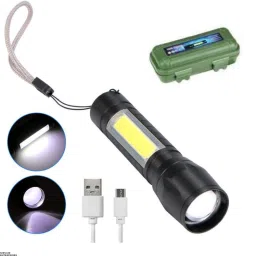 High Power USB Rechargeable Long Range Led Torch Light Emergency Light+ Desk Light with 3 Adjustable Modes Zoom in Flashlight with Hanging Rope for Torch Keychain(Black) Pack of 1 3 hrs Torch Emergency Light-25