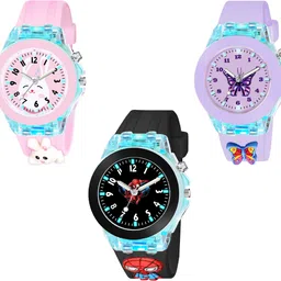 maan international Multicolor Lights 3D Cute Cartoon Multi Function Rubber Strap Analog Watch - For Boys & Girls Kids Combo3-Rebbit-SpiderMan-Butterfly-picture-7