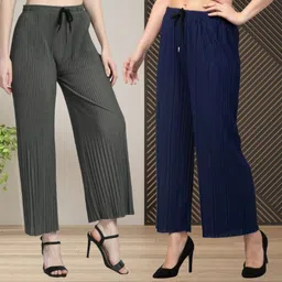 irha Women Relaxed Grey, Blue Polyester Trousers-picture-0