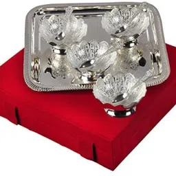 Silver Plated Solid Brass Set with Velvet Box (Silver, 4 Bowls, 4 Spoons, 1 Tray) - Set of 9 Pieces Bowl, Spoon, Tray Serving Set-image-47