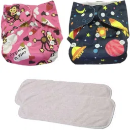 All New Solid Stylish Reusable Printed Multicolour Cloth Button diaper With White Insert For Baby New Born to 2 Year (2 Diaper +2 Insert)N1-image-3