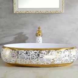 Designer Glossy Ceramic Table Top Wash Basin For Bathroom & Livingroom Decor | Oval Shaped (60x40x15 cm) Counter Top-image-18