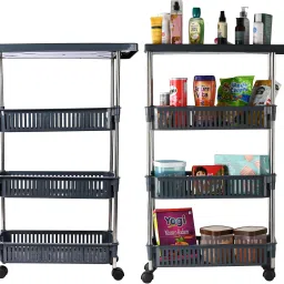 Pack of 2 Slim 4-Layer Multipurpose Storage Rack with Wheels | Grey Plastic Kitchen Trolley-image-25