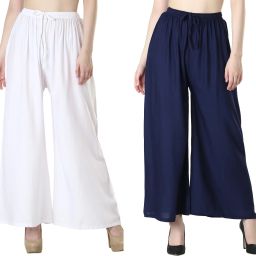 Pack of 2 Women Relaxed White, Dark Blue Viscose Rayon Trousers-image-43