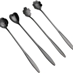 4pc Stainless Steel Black Dessert Spoon Cutlery Kitchen Flowers Shaped Spoons Stainless Steel Dessert Spoon, Coffee Spoon, Tea Spoon, Measuring Spoon Set-image-15
