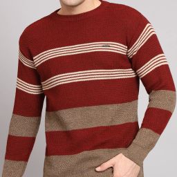 Men Striped, Colorblock Round Neck Maroon Sweater-image-55