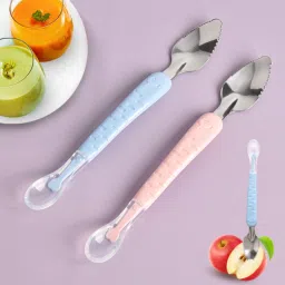 Multi-Use Double Head Fruit Scraping & Soft Tip Feeding Spoon for Toddlers- Silicone, Stainless Steel-4