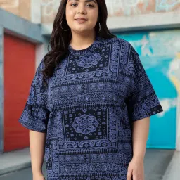 Plus Size Women Printed Round Neck Pure Cotton Dark Blue T-Shirt-17