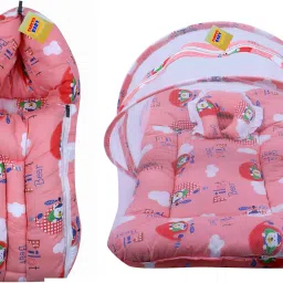 New Born Baby Cat Print Mattress with Mosquito Net & Sleeping Bag Combo (0-6 Months) Baby Bed Printed Peach-picture-15