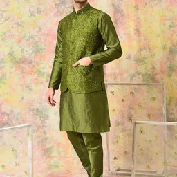 Hangup Regular Mirror Work Kurta With Pyjamas & Nehru Jacket image 3