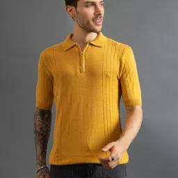 Men Self Design Polo Neck Pure Cotton Yellow T-Shirt-image-47