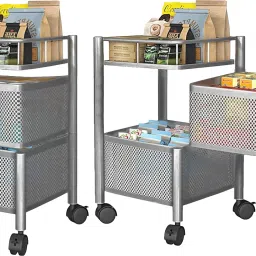 Pack of 2 Revolving 2-Tier Multipurpose Storage Rack with Wheels | Silver Iron Kitchen Trolley-39
