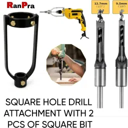 BLACK SQUARE HOLE DRILL ATTACHMENT HOLDER WITH 2 PCS OF 12MM 10MM SQUARE BIT FOR WOOD WORKING, Auger Tool Mortise drill bit-image-87