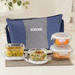 Alora Daisy Borosilicate Glass Lunchbox, 4pc Set (320ml x 2 + 240ml x 2), Tiffin 4 Containers Lunch Box-44