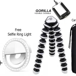 BUFONA Best SELFIE RING LIGHT + GORILLA TRIPOD + DUSTPROOF BAG Fully Flexible Portable & Foldable Camera & Mobile Tripod With Mobile Clip Holder BUF-GLA87 Bracket Fully Flexible Mount Cum Tripod Stand With Three-Dimensional Head & Quick Release T9 Plate Gorilla Tripod DSLR , Smartphone & Action Cameras Mobile Holder Octopus Stand/Mobile Holder Gorilla Mobile Holder Multi-Use Selfie Stick Photography 3 levels Selfie LED Flash Light Tripod, Monopod Kit, Monopod, Tripod Kit, Tripod Clamp, Tripod Ball Head-22