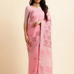 ALAGINI Ethnic Motifs Embroidered Zari Pure Linen Kasavu Saree-13