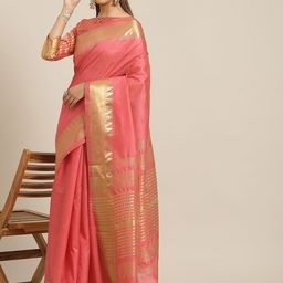 KALINI Pink & Gold-Toned Woven Design Silk Blend Kasavu Saree-image-26