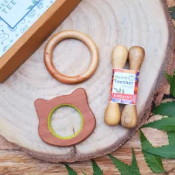 babycov Neem Wood Teethers for Baby Set of 4 | for 3 Months Baby. (Cat Sick Ring) Teether image 3