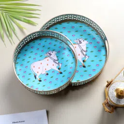 Kamdhenu Cow with Lotus Flowers Design Serving Trays Set (8 Inches & 10 Inches) Tray Serving Set-image-84