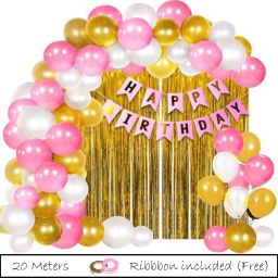 Solid Solid Happy Birthday Balloon Set Of 32 Balloons 1 Happy Birthday Pink Paper Banner 1 Gold Foil Curtain 30 Pink White Gold Metallic Balloon Balloon-1