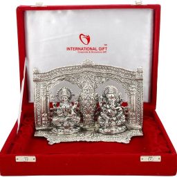 Silver Plated Laxmi Ganesh Idol Statue With Box & Bag | For Pooja, Mandir Decorative Showpiece-18 cm-25