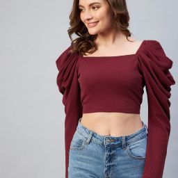 Casual Puff Sleeves Solid Women Maroon Top-image-19
