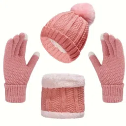 women's winter woolen caps neck warmer and touchscreen gloves set Woven Beanie-picture-14
