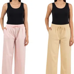 Pack of 2 Women Regular Fit Pink, Cream Linen Blend Trousers-13