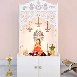 homscape Jali Wooden Floor Temple With Spacious Shelf Inbuilt Focus Light White-picture-28