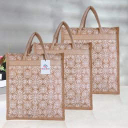 Jute White Flower Grocery Bag with Handle|Medium|Pack of 3|Brown Pack of 3 Grocery Bags-image-44