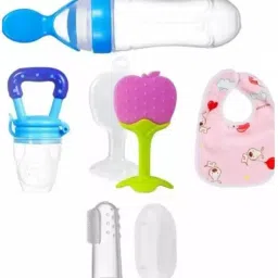 Combo of 5 Baby fruit nibbler, teether, finger brush, bib & spoon feeder - Silicone-11