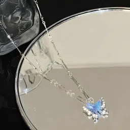 Korean Silver-Plated Blue Butterfly Necklace for Girls & Women Cubic Zirconia Silver Plated Alloy Necklace-12