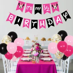 New Minni Mouse Theme Black Pink Balloon It's My Half Birthday Banner Kit-picture-9