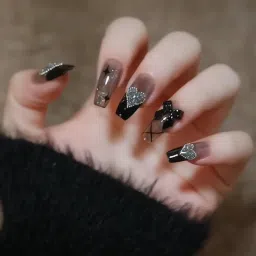 Set of 24 Artificial Reusable nails in Black with heart tip Design with glue Black-image-91