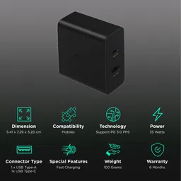 SAMSUNG Duo TA220 35W Type A & Type C 2-Port Fast Charger (Adapter Only, Support PD 3.0 PPS, Black) image 2