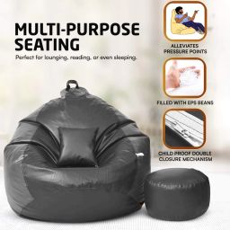 mintwud from pepperfry 4XL Squivo Leatherette BeanBag Filled with Bean With Footrest In Black & Grey Color Bean Bag Sofa With Bean Filling image 3