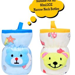 Soft Plush Stretchable Baby Feeding Bottle Cover with Easy to Hold Strap | Suitable for 60ml | Cute Animated Overall Print Pack of 2 (Yellow & Blue, Narrow Neck 60ml/2OZ)-picture-16