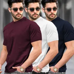 Pack of 3 Men Solid Round Neck Cotton Blend Multicolor T-Shirt-picture-8