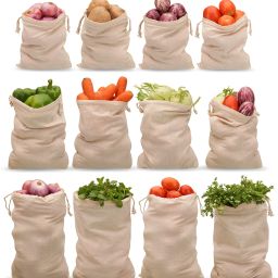 100%cotton vegetable storage bag for fridge. Reusable,organiser drawstring bags. Pack of 12 Grocery Bags-image-87