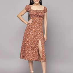 Women A-line Beige, Brown Midi/Calf Length Dress-image-25