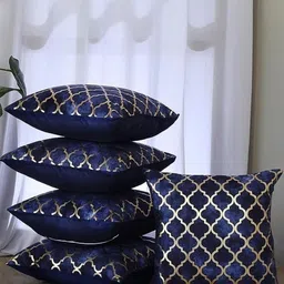 Homerz Blue & Gold-Toned 5 Pieces Geometric Velvet Square Cushion Covers-14
