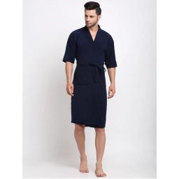 Creeva Unisex Micro Terry Navy Blue Soft and Lightweight Kimono Style Bath Robe-picture-6