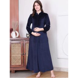 Secret Wish Solid Navy Blue Velvet Maternity Nighty Full Length-picture-32