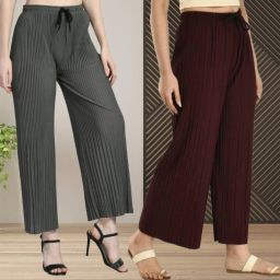 Women Relaxed Grey, Purple Polyester Trousers-image-80