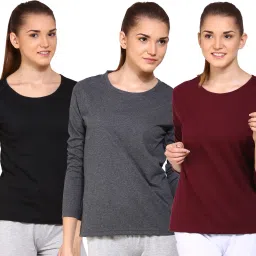 Pack of 3 Women Solid Round Neck Cotton Blend Multicolor T-Shirt-image-31
