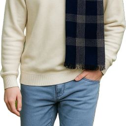 Checkered Viscose Men Dark Blue, Beige Stole, Scarf, Fancy Scarf-10
